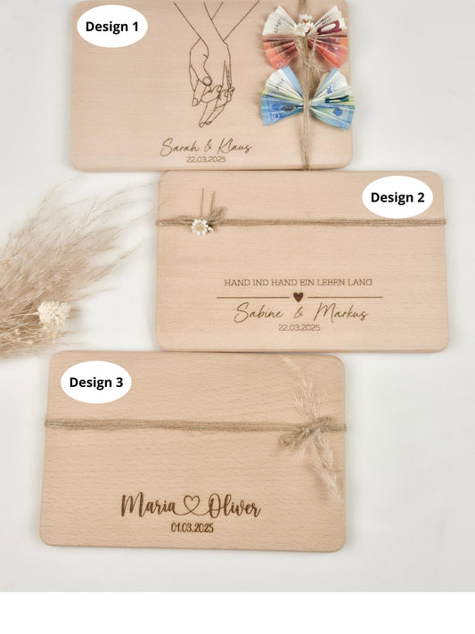 Personalisiertes Geschenk Hochzeit | Schneidebrett personalisiert | Geldgeschenk | Geschenkverpackung | Brautpaar | Brett mit Gravur