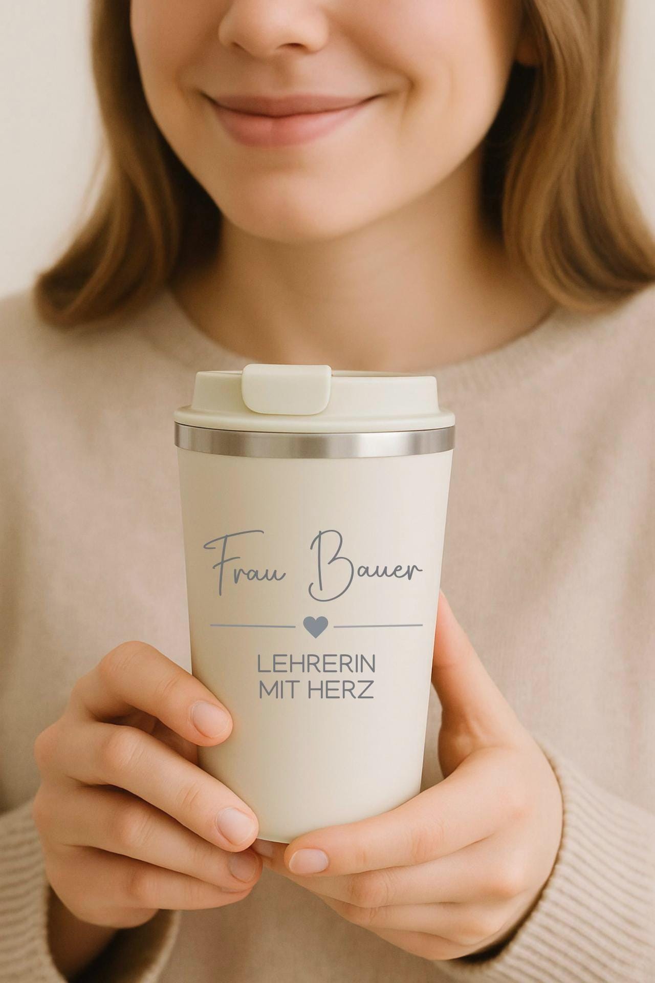 Geschenk Lehrerin | Abschiedsgeschenk | Schule Abschied | Dankeschön Geschenkidee | Becher mit Gravur Lehrerin mit Herz | Thermobecher