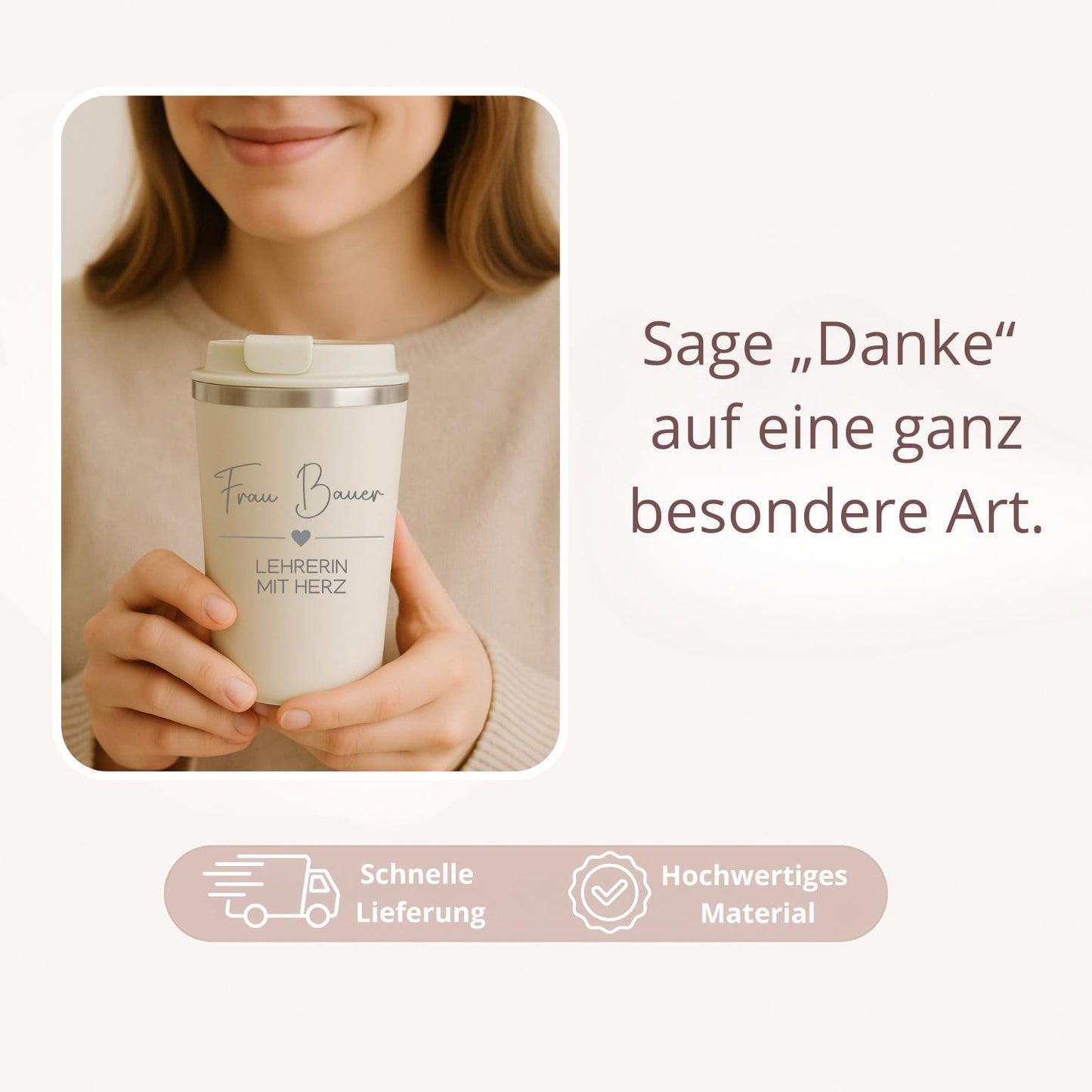 Geschenk Lehrerin | Abschiedsgeschenk | Schule Abschied | Dankeschön Geschenkidee | Becher mit Gravur Lehrerin mit Herz | Thermobecher