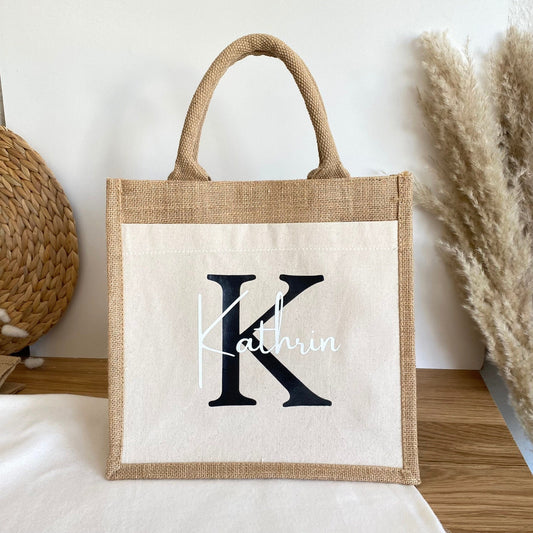 Personalisierte Jutetasche mit Initial und Name | Einkaufstasche | Markttasche | Strandtasche | Geschenk Frau Mama Freundin | Geburtstag