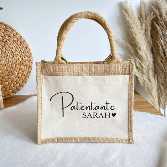 Personalisierte Jutetasche mit Namen | Patentante | Einkaufstasche | Markttasche | Strandtasche | Geschenk Frau Mama | Geburtstag