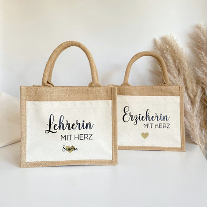 Personalisierte Jutetasche „mit Herz“ für Lehrerin und Erzieherin