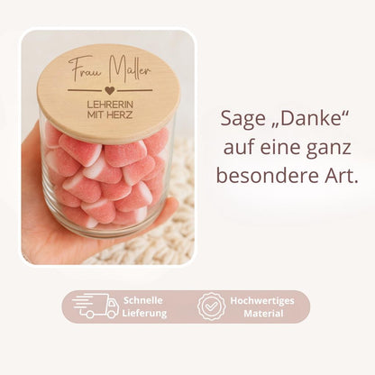 Personalisiertes Vorratsglas mit Herzmotiv als Dankeschön