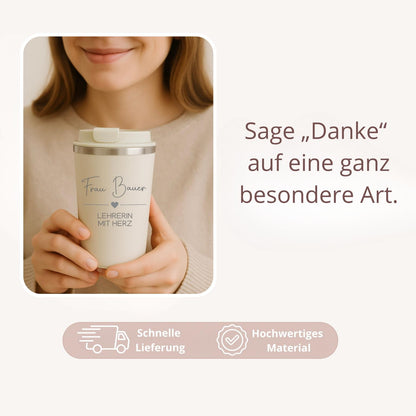 Geschenk Lehrerin | Abschiedsgeschenk | Schule Abschied | Dankeschön Geschenkidee | Becher mit Gravur Lehrerin mit Herz | Thermobecher