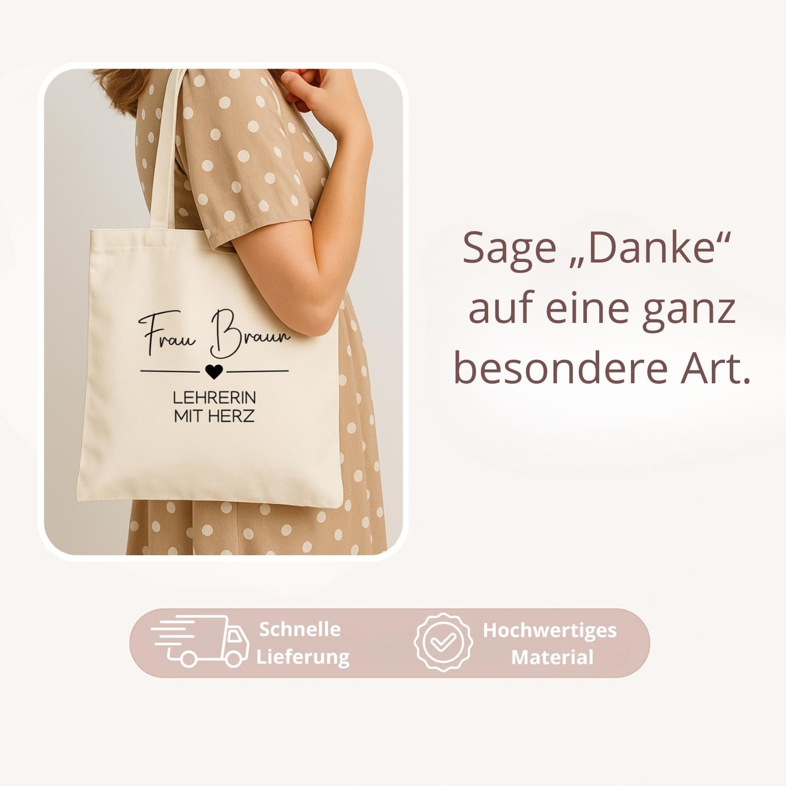 Personalisierte Stofftasche „mit Herz“ für Lehrerin und Erzieherin