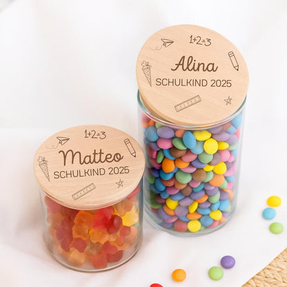 Personalisiertes Vorratsglas zur Einschulung mit Design „Schulkind 2025“