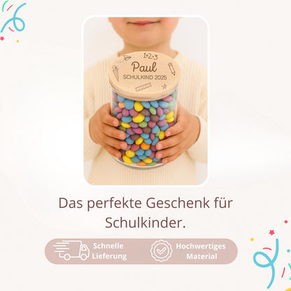 Personalisiertes Vorratsglas zur Einschulung mit Design „Schulkind 2025“