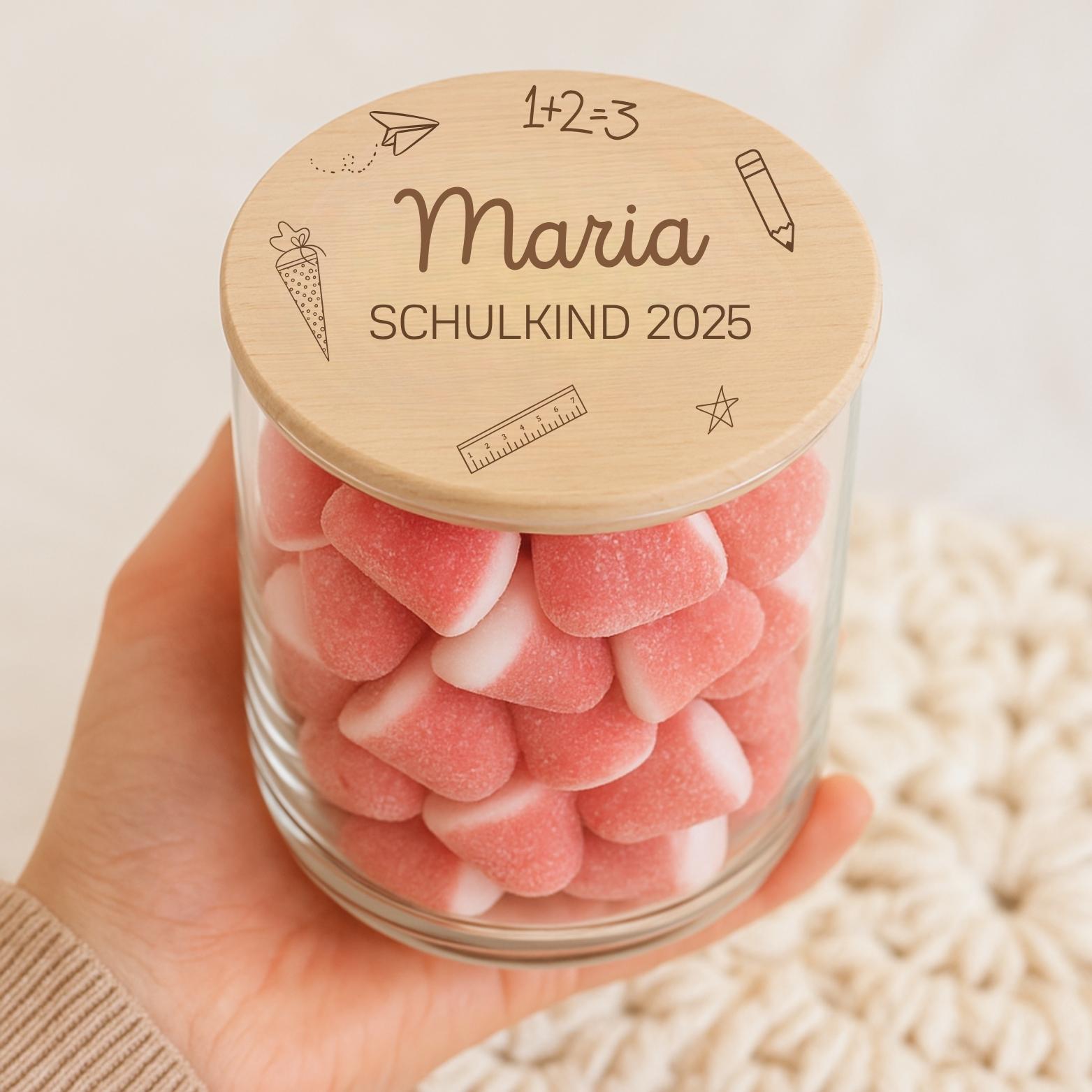 Personalisiertes Vorratsglas zur Einschulung mit Design „Schulkind 2025“