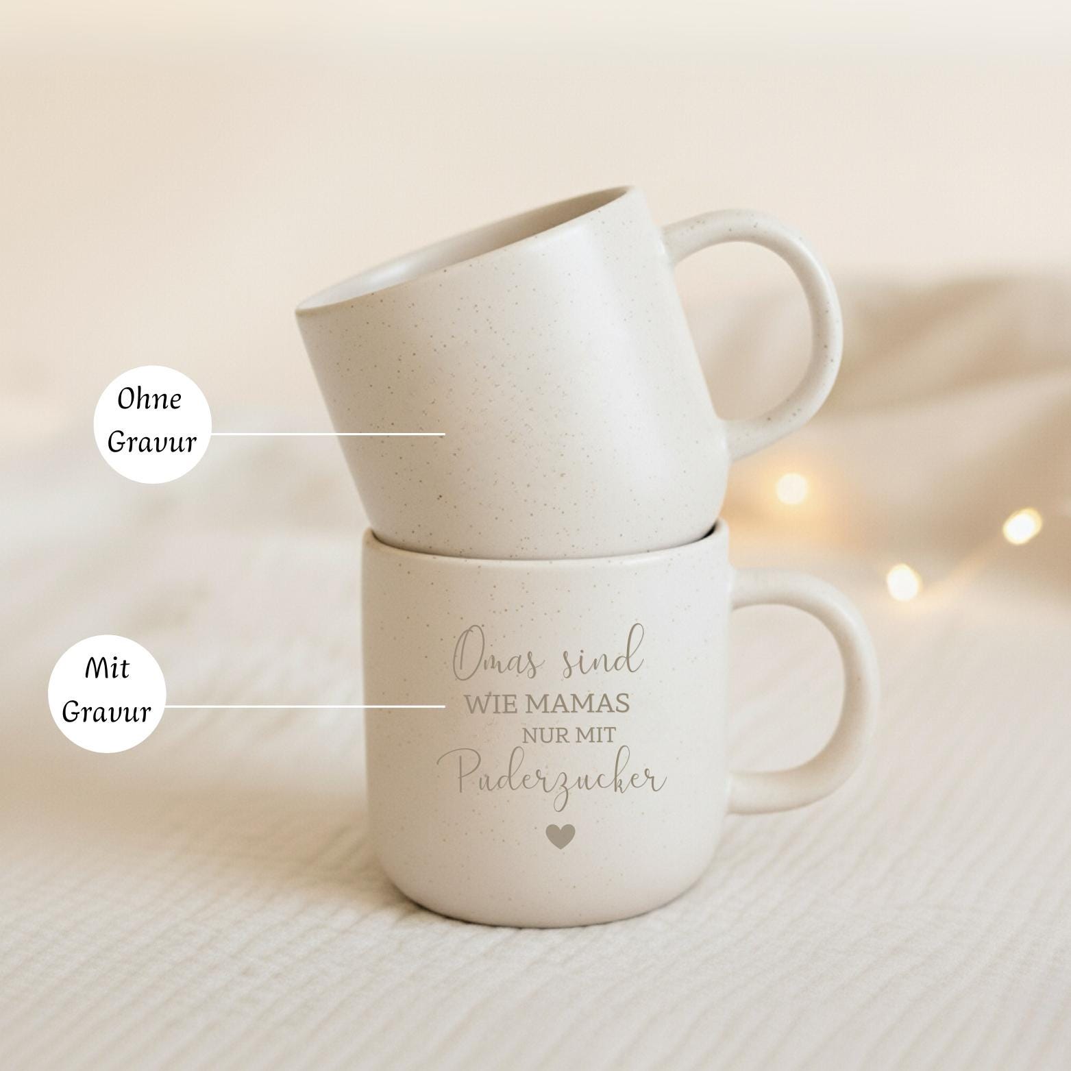 Keramiktasse für Oma „Omas sind wie Mama, nur mit Puderzucker“