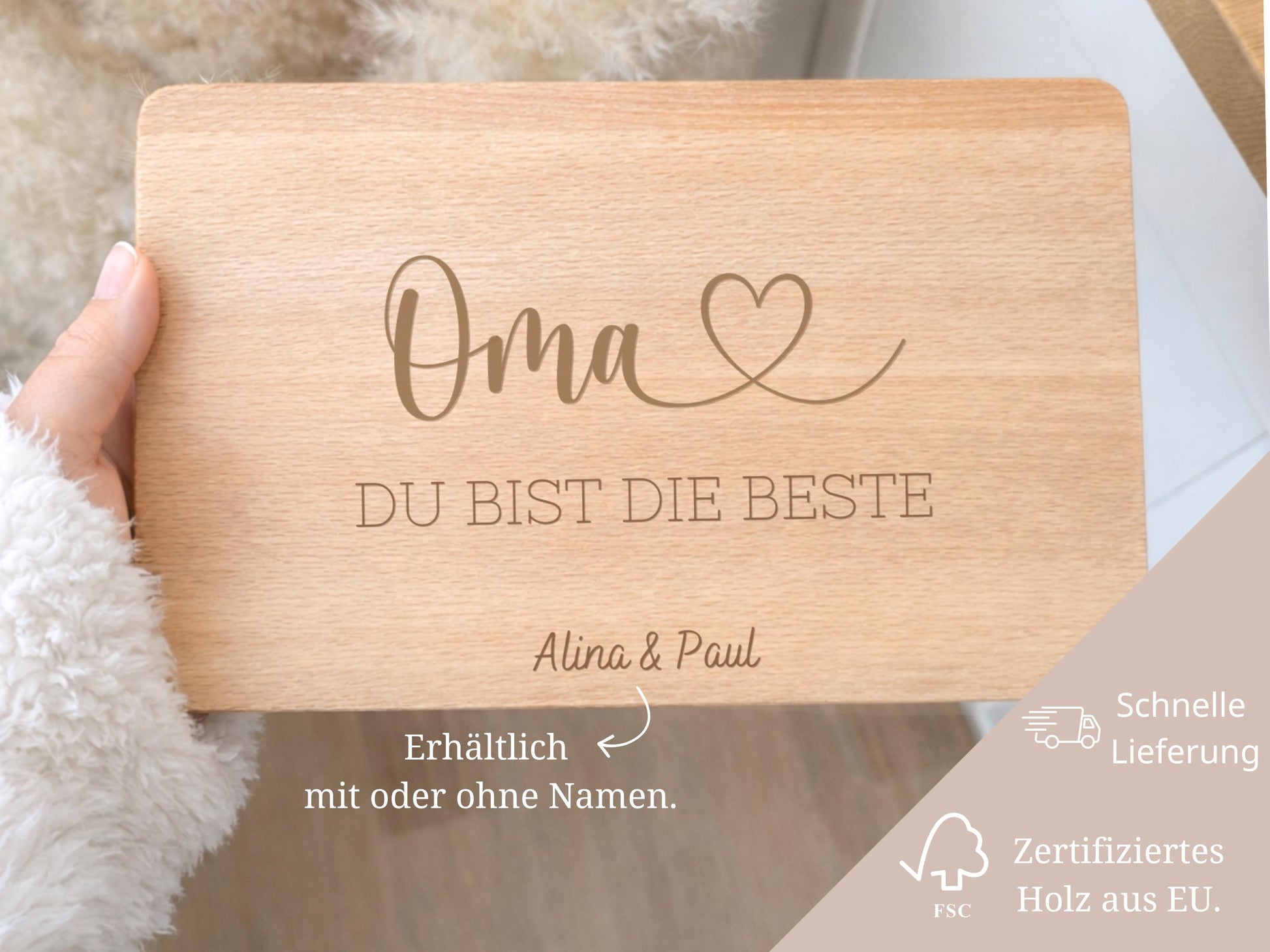Frühstücksbrett aus Buchenholz „Oma du bist die Beste“ mit optionalen Namen