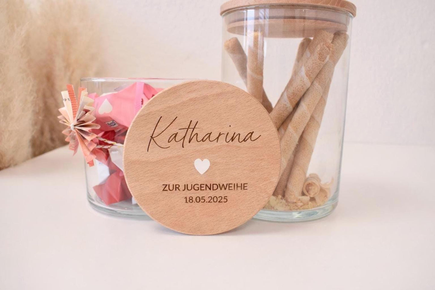 Personalisiertes Vorratsglas zur Jugendweihe mit Name und Datum