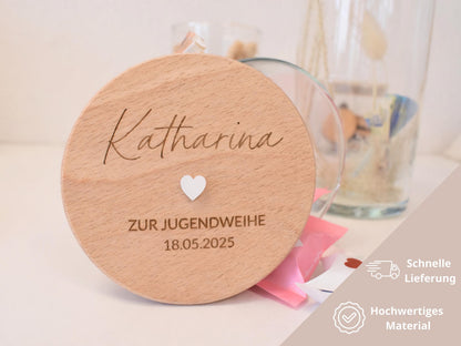 Personalisiertes Vorratsglas zur Jugendweihe mit Name und Datum