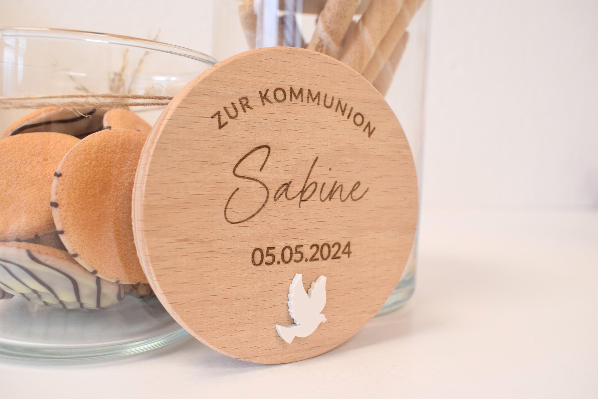 Personalisiertes Vorratsglas zur Kommunion mit Name und Datum