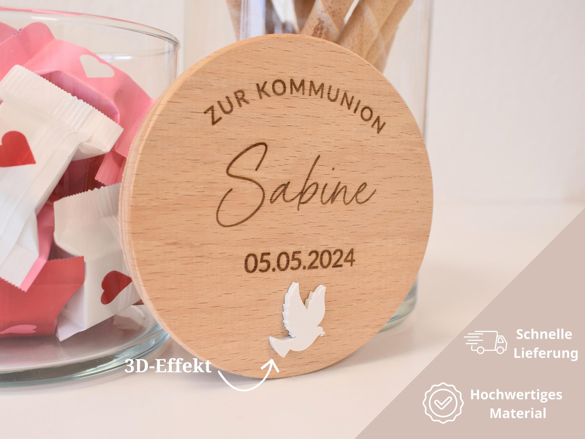 Personalisiertes Vorratsglas zur Kommunion mit Name und Datum