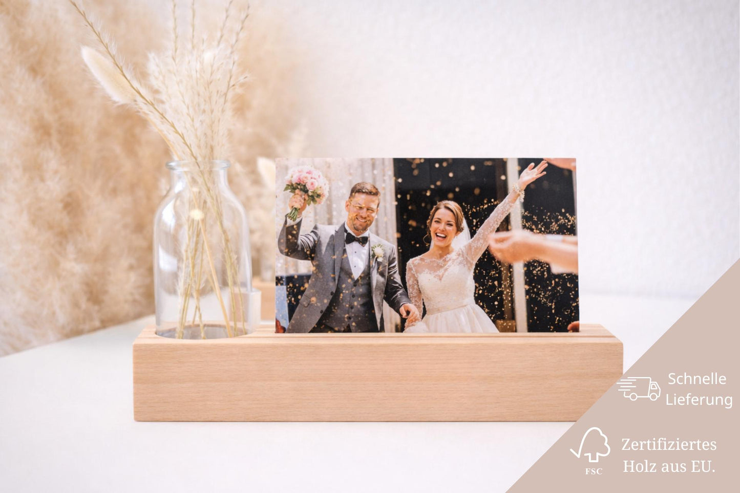 Personalisierter Kartenhalter | Hochzeitsgeschenk | Geldgeschenk | Geschenk Hochzeit Brautpaar | Fotoständer mit Gravur Namen und Datum