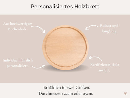 Personalisiertes rundes Schneidebrett „Just Married“ mit Namen und Hochzeitsdatum