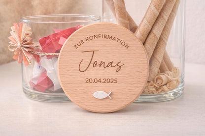 Personalisiertes Vorratsglas zur Konfirmation mit Name und Datum