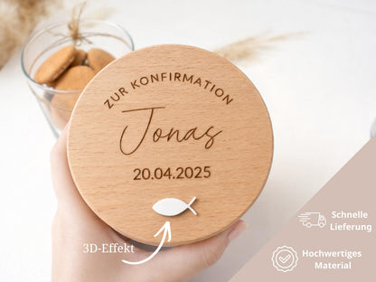 Personalisiertes Vorratsglas zur Konfirmation mit Name und Datum