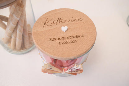 Personalisiertes Vorratsglas zur Jugendweihe mit Name und Datum