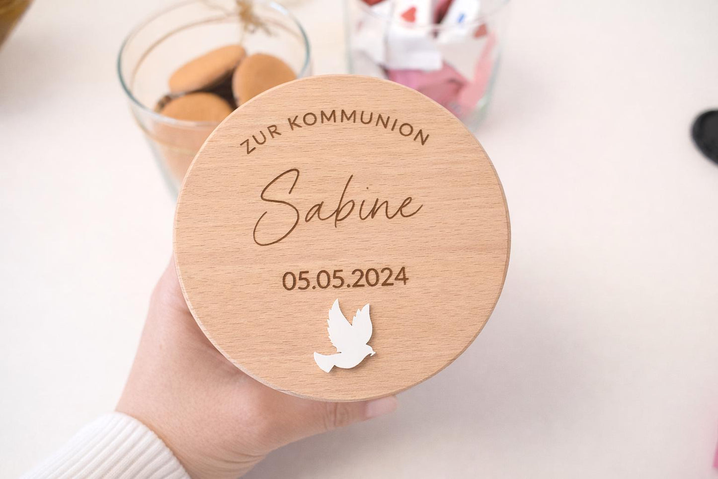 Personalisiertes Vorratsglas zur Kommunion mit Name und Datum