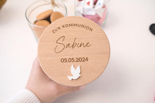 Personalisiertes Vorratsglas zur Kommunion mit Name und Datum