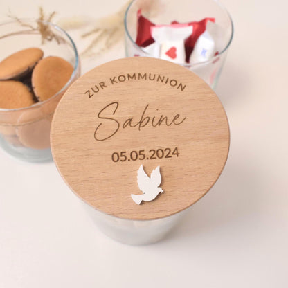Personalisiertes Vorratsglas zur Kommunion mit Name und Datum