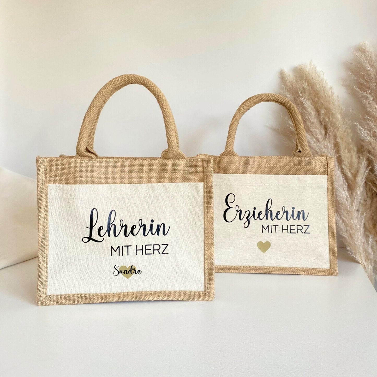 Personalisierte Jutetasche „mit Herz“ für Lehrerin und Erzieherin