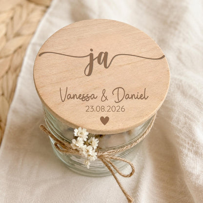 Personalisiertes Vorratsglas „Ja“ zur Hochzeit mit Initialen und Datum