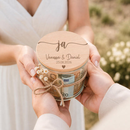 Personalisiertes Vorratsglas „Ja“ zur Hochzeit mit Initialen und Datum