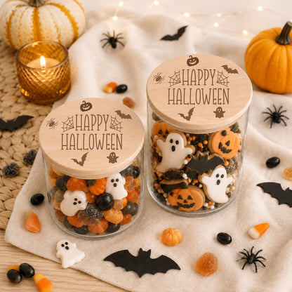 Kleines und großes Happy-Halloween-Vorratsglas mit Holzdeckel