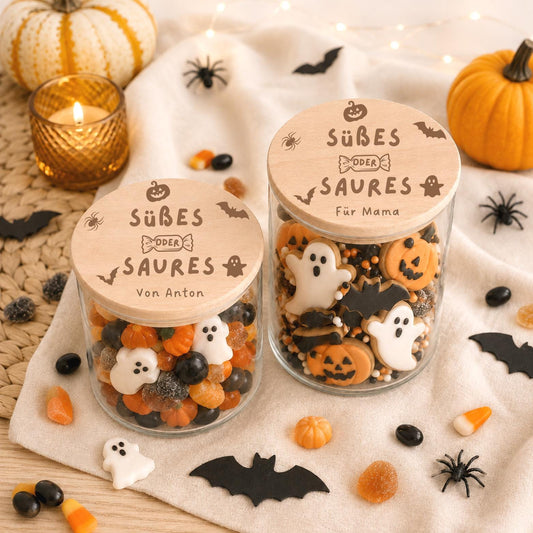 Zwei personalisierte Halloween-Süßigkeitengläser mit Namen und Holzdeckel