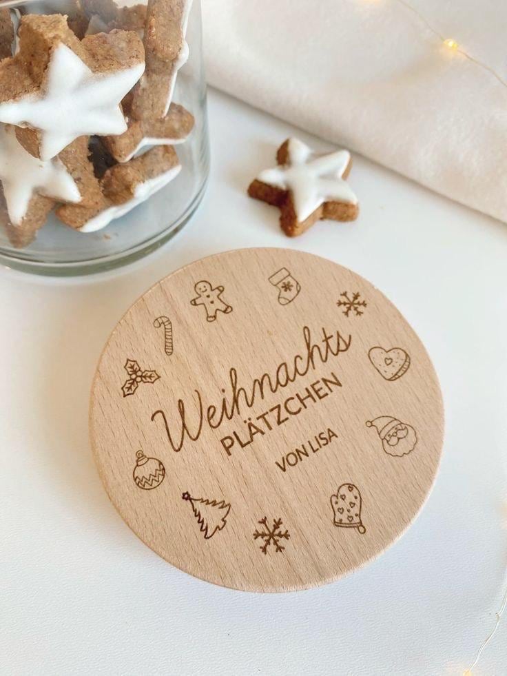 Keksdose aus Glas mit graviertem Buchenholzdeckel