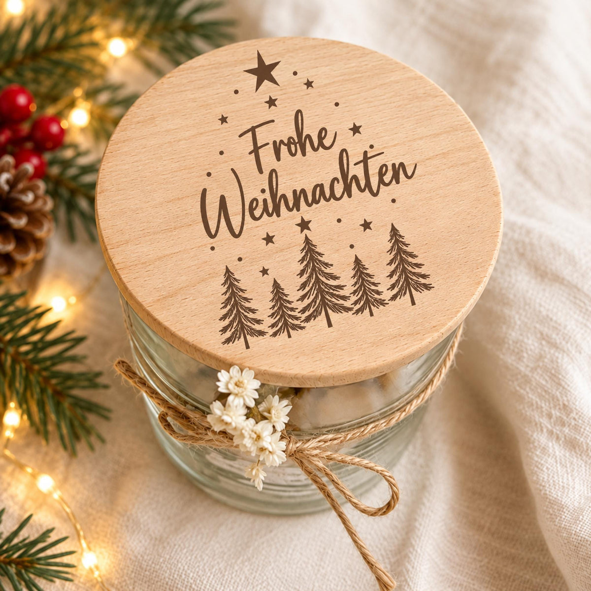 Vorratsglas „Frohe Weihnachten“ mit Buchenholzdeckel