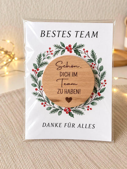 Mitarbeitergeschenk zu Weihnachten, Holzmagnet mit Karte