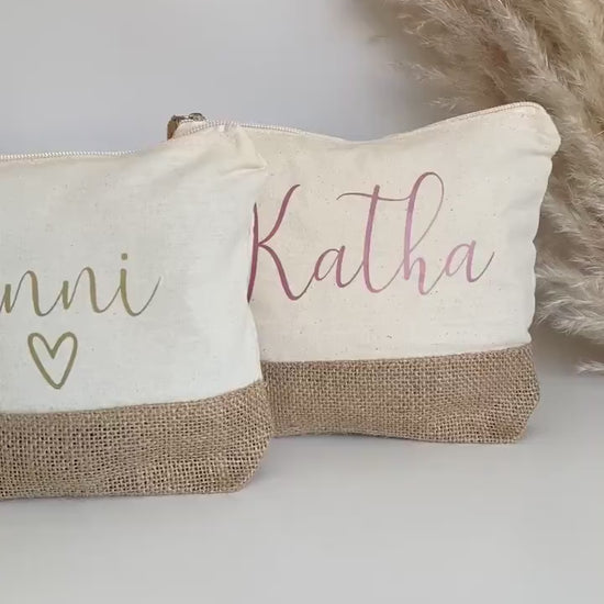 Personalisierte Kosmetiktasche mit Namen, Jute Kosmetiktasche, Geschenk für Mama, Frauen, Geburtstagsgeschenk, Make up Tasche personalisiert