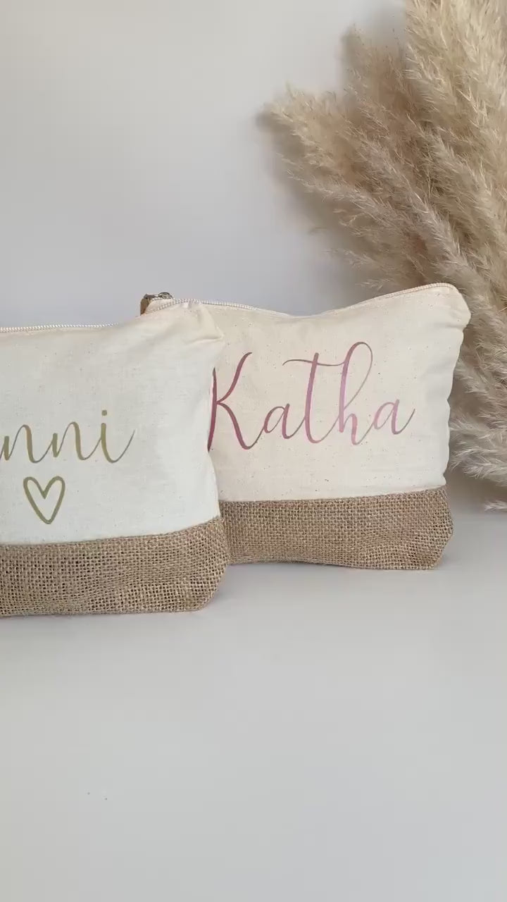 Personalisierte Kosmetiktasche mit Namen, Jute Kosmetiktasche, Geschenk für Mama, Frauen, Geburtstagsgeschenk, Make up Tasche personalisiert