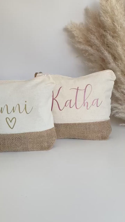 Personalisierte Kosmetiktasche mit Namen, Jute Kosmetiktasche, Geschenk für Mama, Frauen, Geburtstagsgeschenk, Make up Tasche personalisiert
