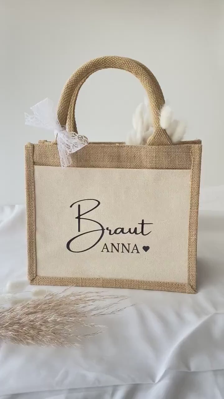 Personalisierte Jutetasche mit Namen | Braut | Trauzeugin Brautjungfer Einkaufstasche | Markttasche | Strandtasche | Geschenk Frau | JGA |