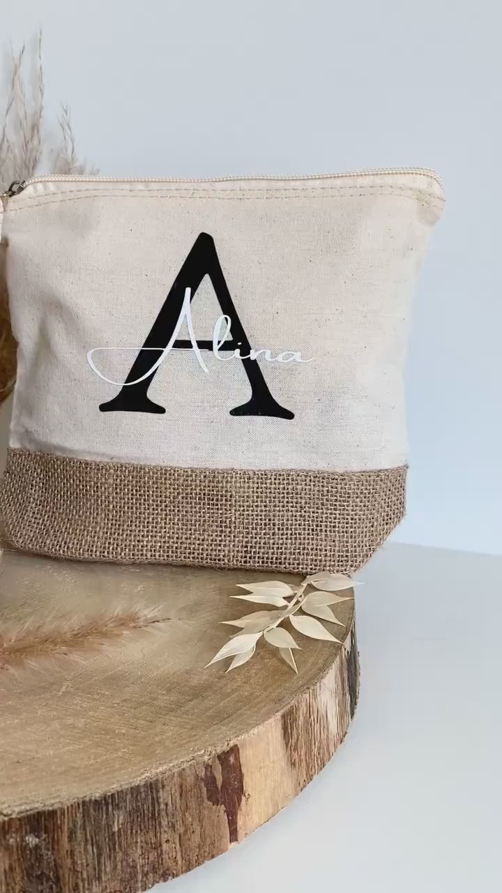 Personalisierte Kosmetiktasche mit Namen | Schminktasche | Kulturtasche | Geschenk Frau Mama | Geburtstag | Jute | Kulturbeutel